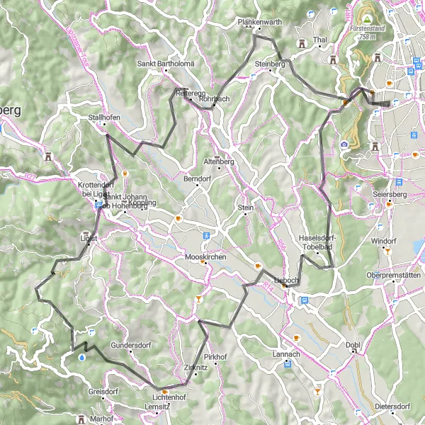 Miniatuurkaart van de fietsinspiratie "Uitdagende route door Steiermarkse heuvels" in Steiermark, Austria. Gemaakt door de Tarmacs.app fietsrouteplanner