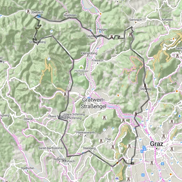 Miniatura della mappa di ispirazione al ciclismo "Giro in bicicletta attraverso i pittoreschi paesaggi della Stiria" nella regione di Steiermark, Austria. Generata da Tarmacs.app, pianificatore di rotte ciclistiche