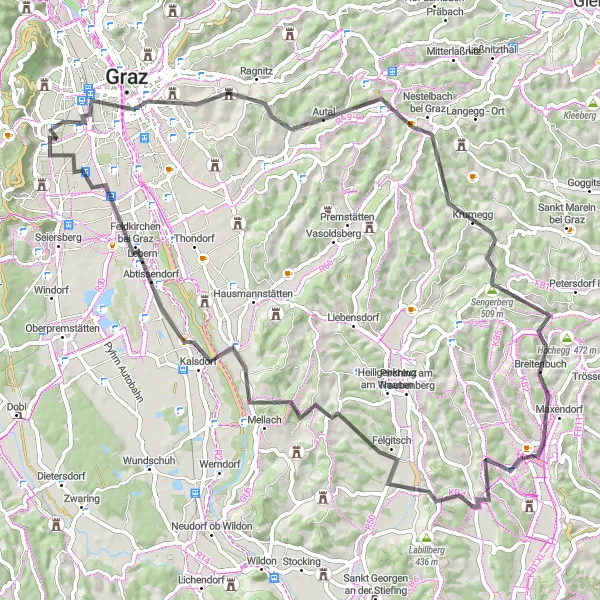 Miniatua del mapa de inspiración ciclista "Aventura en bicicleta desde Graz a Gemeinschaftsterrasse" en Steiermark, Austria. Generado por Tarmacs.app planificador de rutas ciclistas