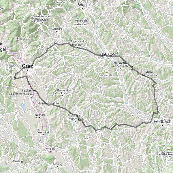 Miniatua del mapa de inspiración ciclista "Ruta a Hühnerberg desde Graz" en Steiermark, Austria. Generado por Tarmacs.app planificador de rutas ciclistas