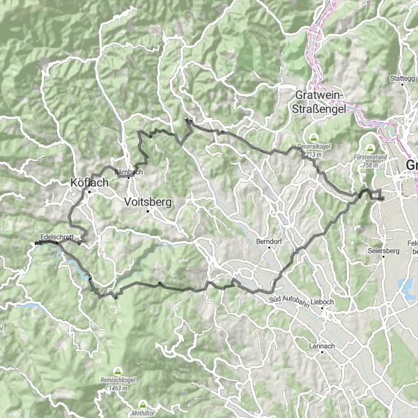 Miniatua del mapa de inspiración ciclista "Ruta a la cima del Krugkogel desde Wetzelsdorf" en Steiermark, Austria. Generado por Tarmacs.app planificador de rutas ciclistas