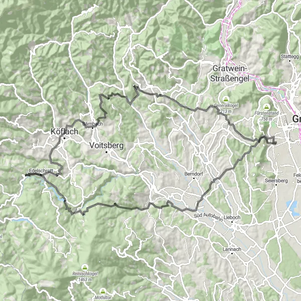 Kartminiatyr av "Oppdagelse av Sør-Steiermark" sykkelinspirasjon i Steiermark, Austria. Generert av Tarmacs.app sykkelrutoplanlegger