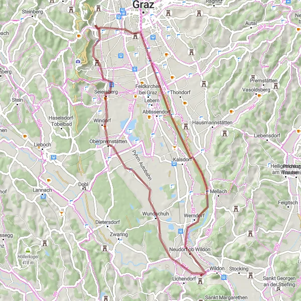 Karttaminiaatyyri "Zettling - Gries - Wildon Gravel Excursion" pyöräilyinspiraatiosta alueella Steiermark, Austria. Luotu Tarmacs.app pyöräilyreittisuunnittelijalla