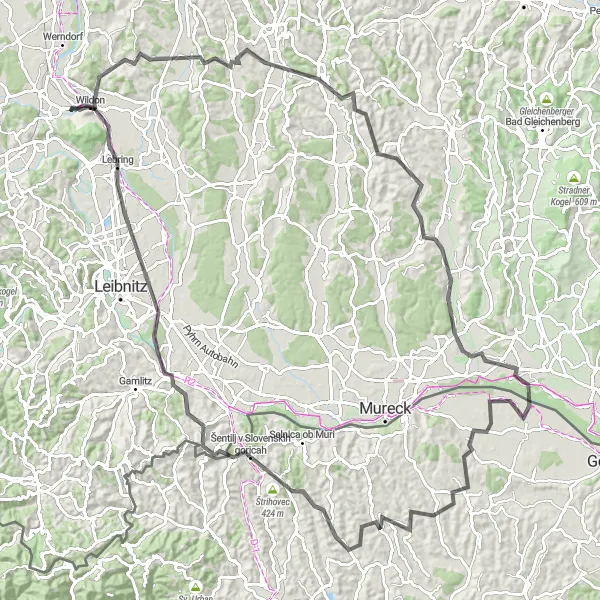 Miniatuurkaart van de fietsinspiratie "Uitdagende Ronde langs Wildon - Deutsch Goritz - Gralla" in Steiermark, Austria. Gemaakt door de Tarmacs.app fietsrouteplanner