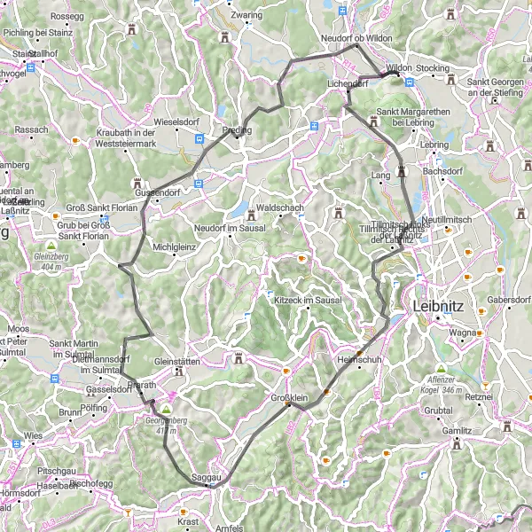 Map miniature of "Wildon Saggau Valley Loop" cycling inspiration in Steiermark, Austria. Generated by Tarmacs.app cycling route planner