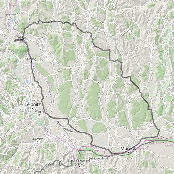 Mapa miniatúra "Cyklotrasa Jagerberg - Lebring" cyklistická inšpirácia v Steiermark, Austria. Vygenerované cyklistickým plánovačom trás Tarmacs.app