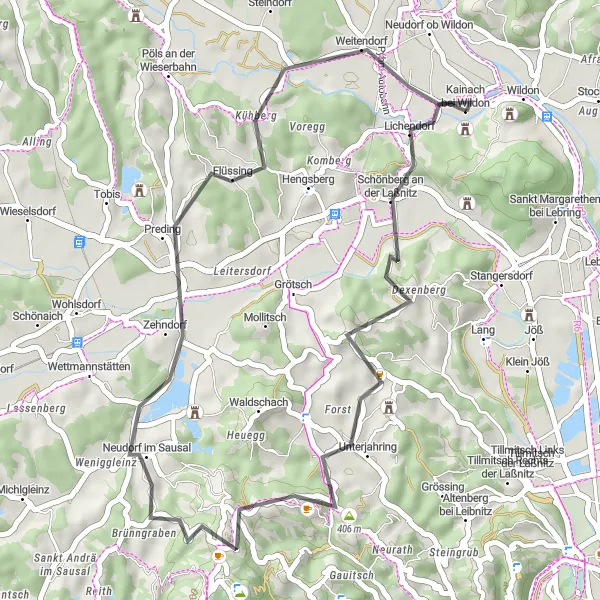 Miniatua del mapa de inspiración ciclista "Ruta escénica hacia Weitendorf" en Steiermark, Austria. Generado por Tarmacs.app planificador de rutas ciclistas
