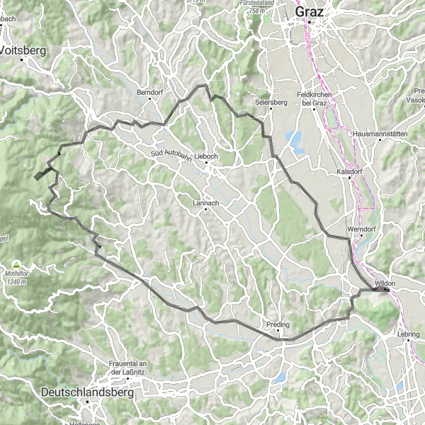 Miniature de la carte de l'inspiration cycliste "Boucle de cyclisme sur route pittoresque près de Wildon" dans la Steiermark, Austria. Générée par le planificateur d'itinéraire cycliste Tarmacs.app