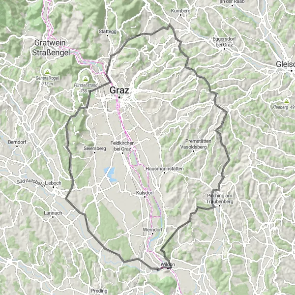 Map miniature of "Cultural Route: Exploring Castles and Nature near Wildon" cycling inspiration in Steiermark, Austria. Generated by Tarmacs.app cycling route planner