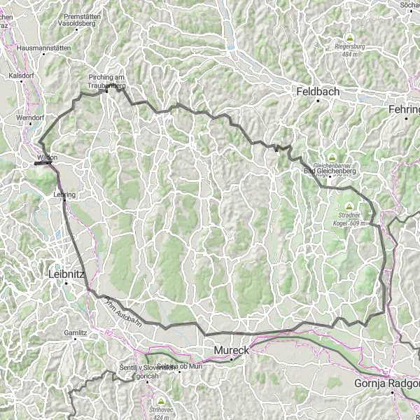 Zemljevid v pomanjšavi "Road Po sledeh zgodovine in narave na 124 km dolgi cestni poti" kolesarske inspiracije v Steiermark, Austria. Generirano z načrtovalcem kolesarskih poti Tarmacs.app