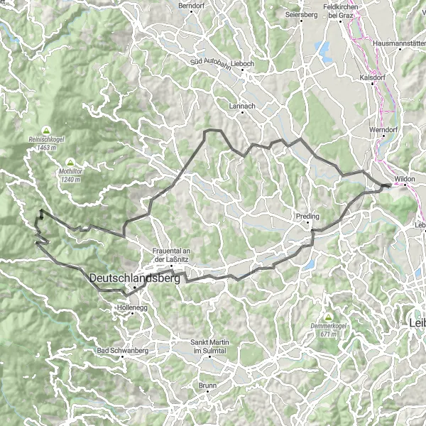 Miniaturekort af cykelinspirationen "Bjergtoppe og Lækre Vine" i Steiermark, Austria. Genereret af Tarmacs.app cykelruteplanlægger