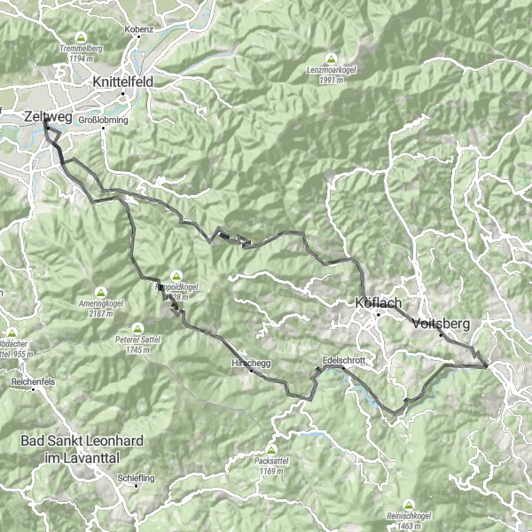 Miniatua del mapa de inspiración ciclista "Ruta de ciclismo de 116 km en Zeltweg" en Steiermark, Austria. Generado por Tarmacs.app planificador de rutas ciclistas