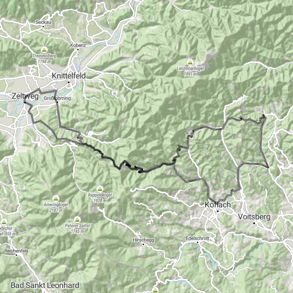 Mapa miniatúra "Zeltweg - Sonnenberg - Kleinlobming - Plankogel - Burgruine Klingenstein - Graden - Römaskogel - Södingberg - Krugkogel - Salla - Birkerhöhe - Neufisching" cyklistická inšpirácia v Steiermark, Austria. Vygenerované cyklistickým plánovačom trás Tarmacs.app