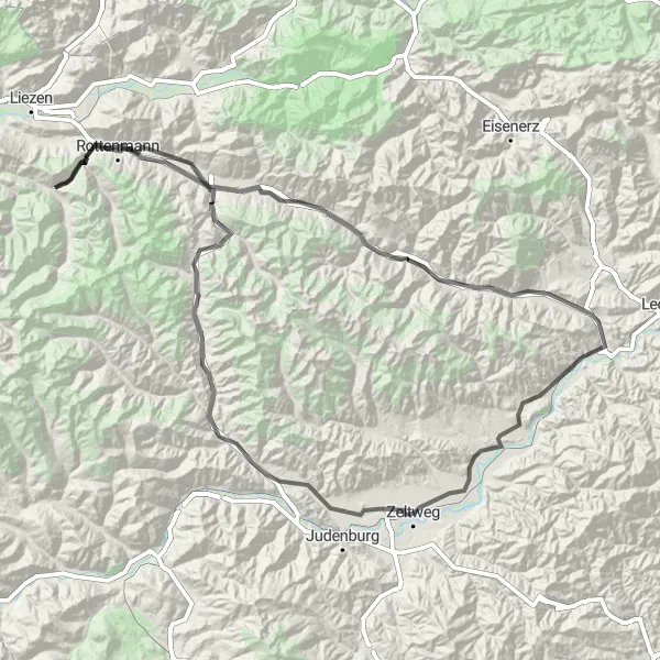 Miniatua del mapa de inspiración ciclista "Aventura ciclista de 175 km en Zeltweg" en Steiermark, Austria. Generado por Tarmacs.app planificador de rutas ciclistas