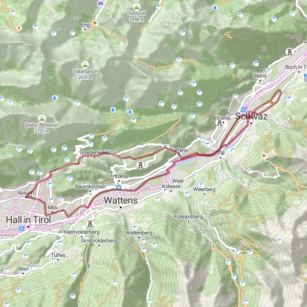 Miniatua del mapa de inspiración ciclista "Ruta de Schwaz" en Tirol, Austria. Generado por Tarmacs.app planificador de rutas ciclistas