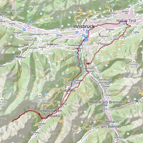 Miniatua del mapa de inspiración ciclista "Ruta de Grava a Hall in Tirol y Stubaitalblick" en Tirol, Austria. Generado por Tarmacs.app planificador de rutas ciclistas
