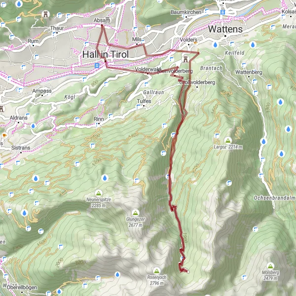 Miniatura della mappa di ispirazione al ciclismo "Esplorazione delle Alpi di Mils" nella regione di Tirol, Austria. Generata da Tarmacs.app, pianificatore di rotte ciclistiche