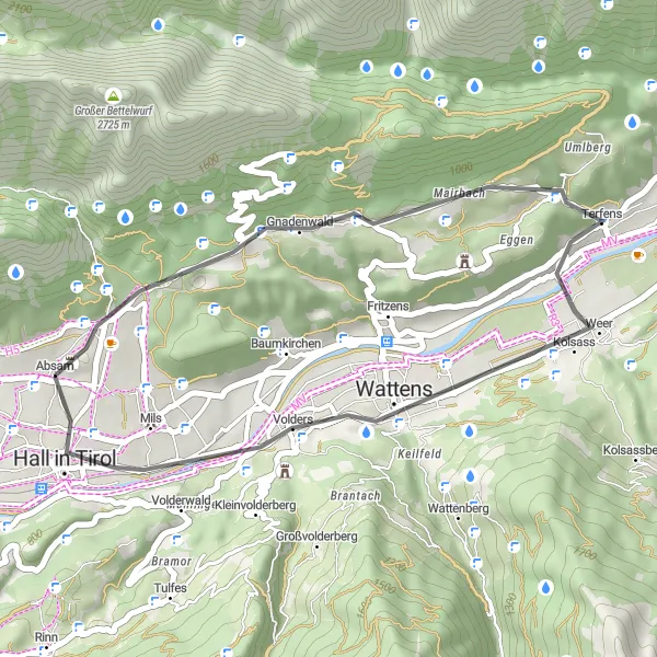 Mapa miniatúra "Okruh Absam - Terfens" cyklistická inšpirácia v Tirol, Austria. Vygenerované cyklistickým plánovačom trás Tarmacs.app