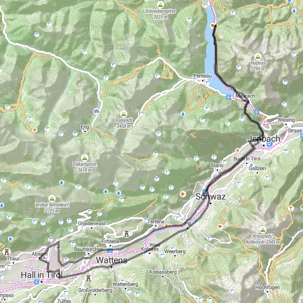 Miniaturní mapa "Cyklistická trasa k Achensee" inspirace pro cyklisty v oblasti Tirol, Austria. Vytvořeno pomocí plánovače tras Tarmacs.app
