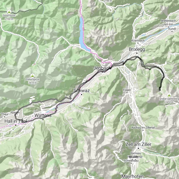 Zemljevid v pomanjšavi "Kolesarska destinacija tirolske pokrajine" kolesarske inspiracije v Tirol, Austria. Generirano z načrtovalcem kolesarskih poti Tarmacs.app