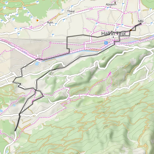 Miniature de la carte de l'inspiration cycliste "Parcours cycliste en route près d'Absam" dans la Tirol, Austria. Générée par le planificateur d'itinéraire cycliste Tarmacs.app