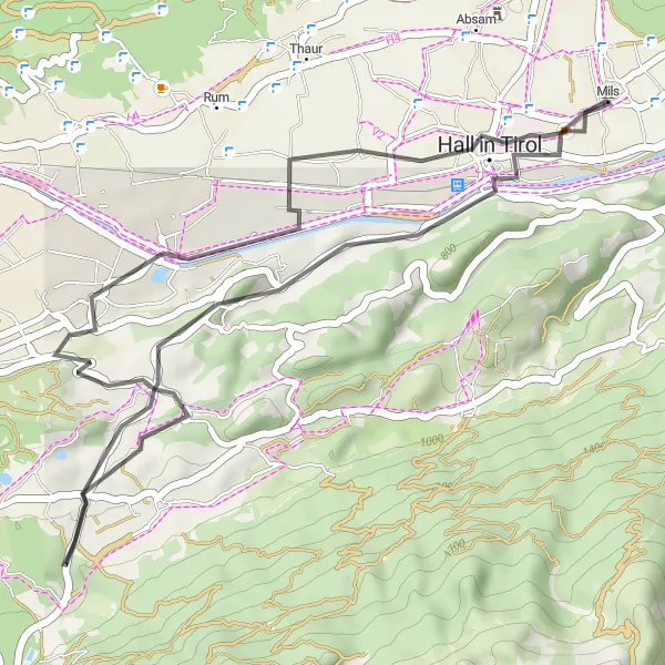 Miniatuurkaart van de fietsinspiratie "Wegfietstocht door pittoreske dorpjes" in Tirol, Austria. Gemaakt door de Tarmacs.app fietsrouteplanner