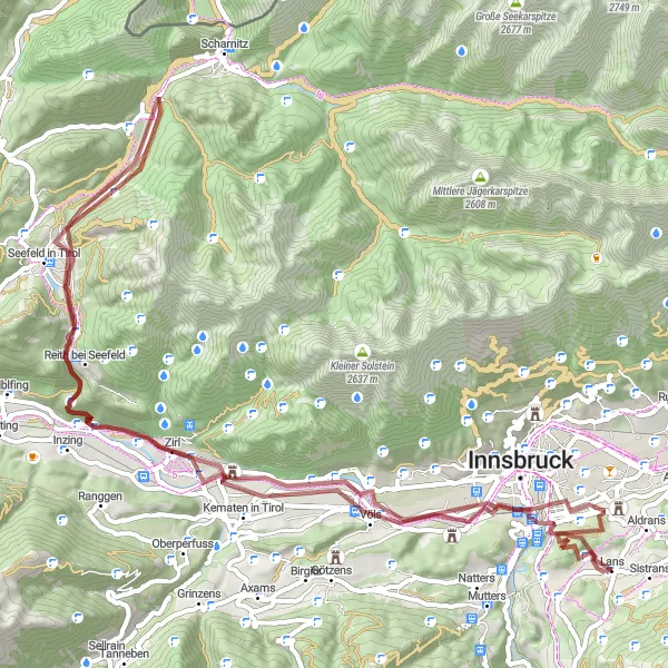 Miniatura della mappa di ispirazione al ciclismo "Avventuroso giro in bicicletta gravel da Bergisel a Lanser Kopf" nella regione di Tirol, Austria. Generata da Tarmacs.app, pianificatore di rotte ciclistiche