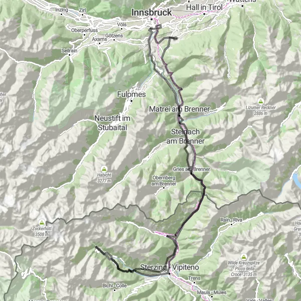 Map miniature of "Sistrans to Brenner Pass" cycling inspiration in Tirol, Austria. Generated by Tarmacs.app cycling route planner