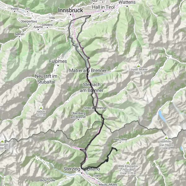 Miniatua del mapa de inspiración ciclista "Ruta panorámica Palmbühel-Brenner Pass-Schloss Ambras" en Tirol, Austria. Generado por Tarmacs.app planificador de rutas ciclistas