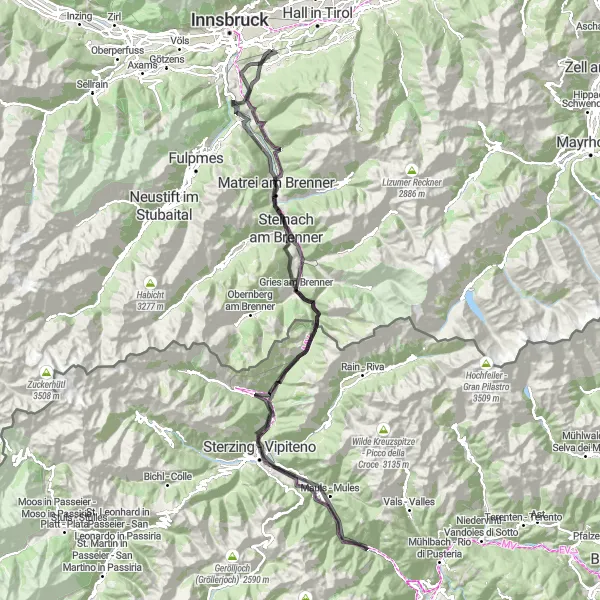 Mapa miniatúra "Cyklotrasa Aldrans - Lanser Kopf - Gries am Brenner" cyklistická inšpirácia v Tirol, Austria. Vygenerované cyklistickým plánovačom trás Tarmacs.app