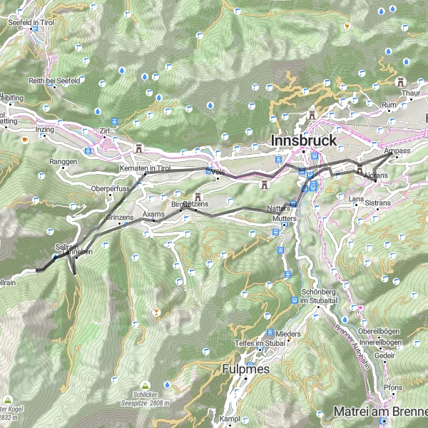 Map miniature of "Innsbruck Mountain Loop" cycling inspiration in Tirol, Austria. Generated by Tarmacs.app cycling route planner