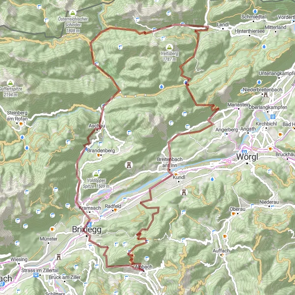 Miniature de la carte de l'inspiration cycliste "Aventure gravelleuse à travers les montagnes" dans la Tirol, Austria. Générée par le planificateur d'itinéraire cycliste Tarmacs.app