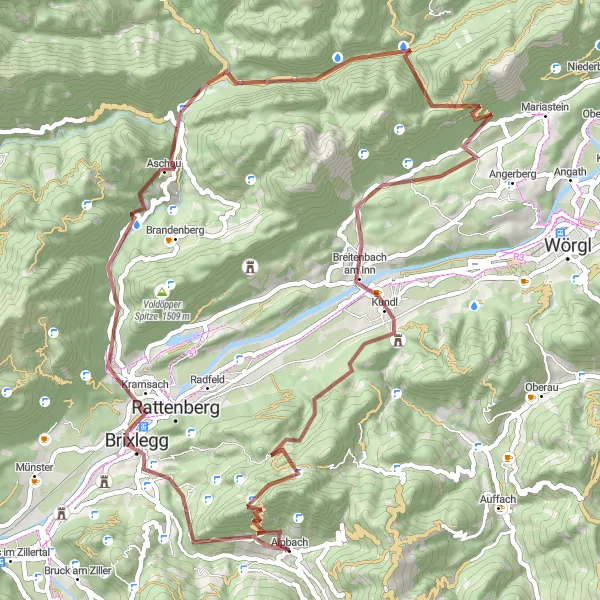 Zemljevid v pomanjšavi "Pustolovščina po gorovju Tirolske" kolesarske inspiracije v Tirol, Austria. Generirano z načrtovalcem kolesarskih poti Tarmacs.app