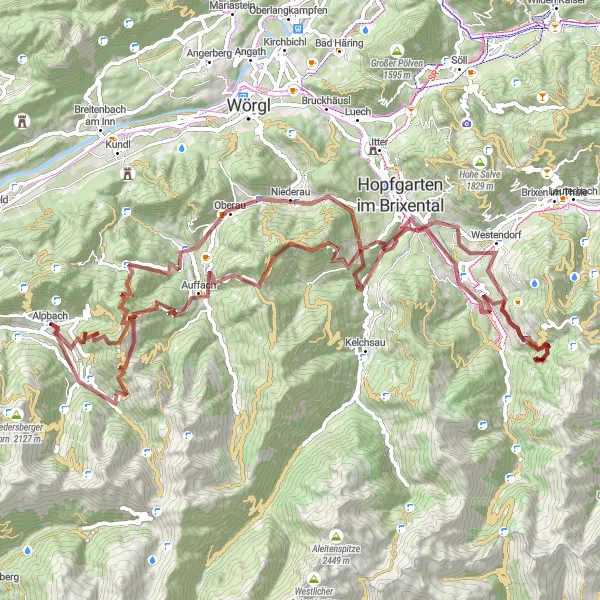 Kartminiatyr av "Spännande Grusväg Utmaning" cykelinspiration i Tirol, Austria. Genererad av Tarmacs.app cykelruttplanerare