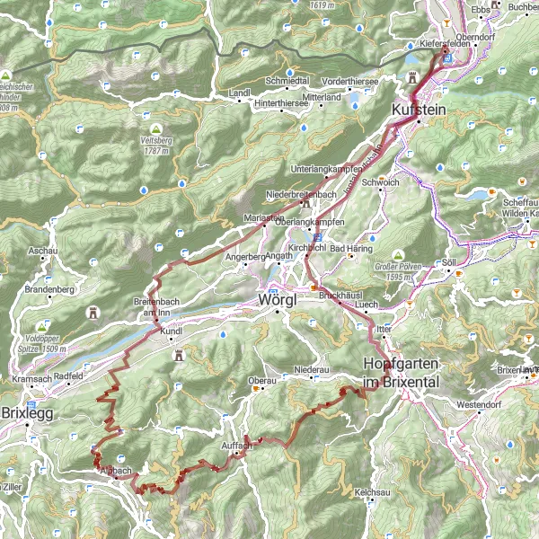 Miniature de la carte de l'inspiration cycliste "Tour gravel Alpbach-Kufstein-Auffach" dans la Tirol, Austria. Générée par le planificateur d'itinéraire cycliste Tarmacs.app