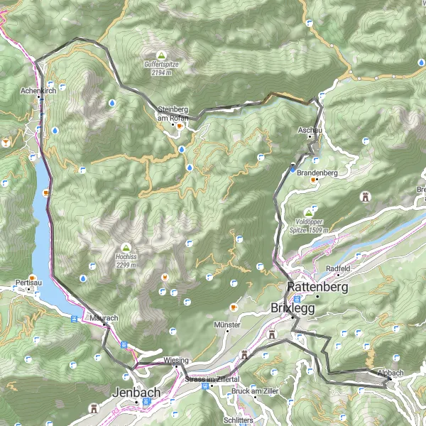 Zemljevid v pomanjšavi "Alpbach - Achensee krog" kolesarske inspiracije v Tirol, Austria. Generirano z načrtovalcem kolesarskih poti Tarmacs.app