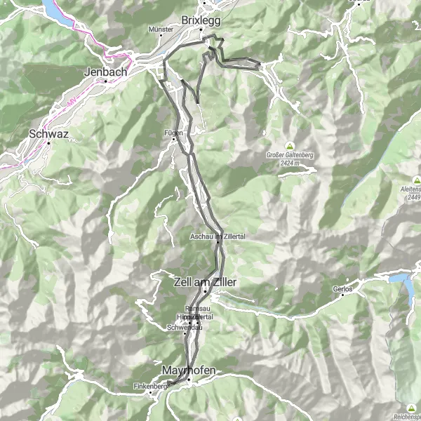 Miniatua del mapa de inspiración ciclista "Ruta de los Valles Zillertal" en Tirol, Austria. Generado por Tarmacs.app planificador de rutas ciclistas