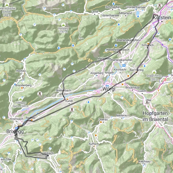 Kartminiatyr av "Alpbach til Wörgl Road Cycling Route" sykkelinspirasjon i Tirol, Austria. Generert av Tarmacs.app sykkelrutoplanlegger