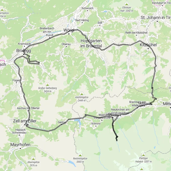 Zemljevid v pomanjšavi "Cesta skozi Tirolsko lepoto" kolesarske inspiracije v Tirol, Austria. Generirano z načrtovalcem kolesarskih poti Tarmacs.app