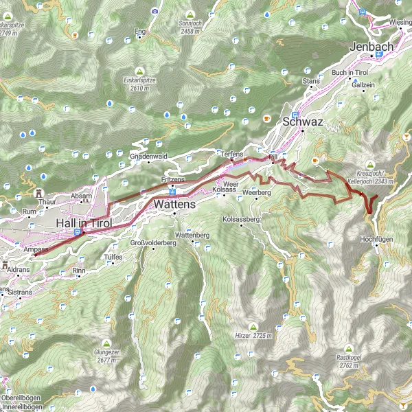 Miniature de la carte de l'inspiration cycliste "Gravir les Sommets: Ampass à Hall in Tirol" dans la Tirol, Austria. Générée par le planificateur d'itinéraire cycliste Tarmacs.app