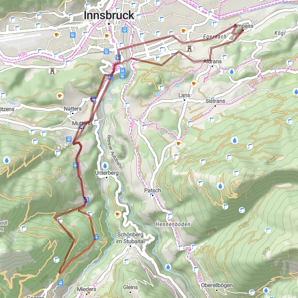 Miniatura della mappa di ispirazione al ciclismo "Gravel da Wilten a Aldrans" nella regione di Tirol, Austria. Generata da Tarmacs.app, pianificatore di rotte ciclistiche