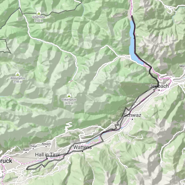 Zemljevid v pomanjšavi "Kolesarska pot med kulturnimi biseri Tirolske" kolesarske inspiracije v Tirol, Austria. Generirano z načrtovalcem kolesarskih poti Tarmacs.app