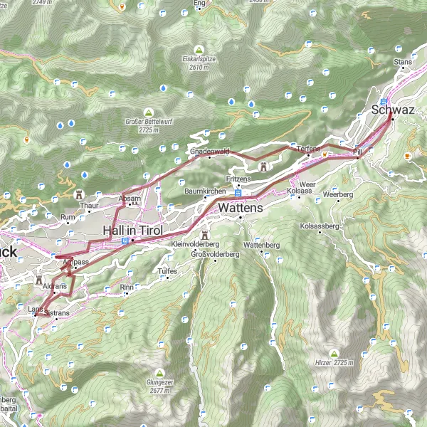 Miniaturní mapa "Gravel Amras - Wattens - Sistrans" inspirace pro cyklisty v oblasti Tirol, Austria. Vytvořeno pomocí plánovače tras Tarmacs.app