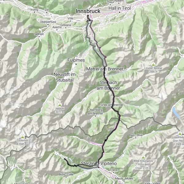 Miniatura della mappa di ispirazione al ciclismo "Giro in bicicletta da Amras - Passo del Brennero" nella regione di Tirol, Austria. Generata da Tarmacs.app, pianificatore di rotte ciclistiche