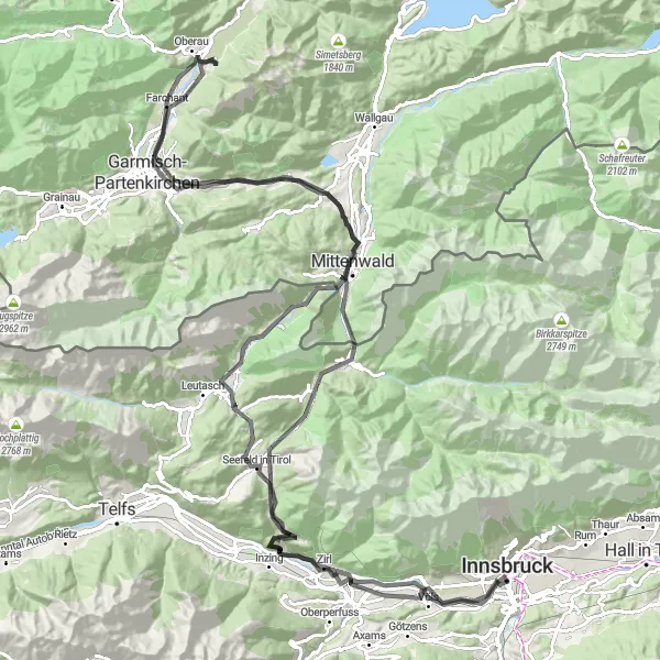 Miniaturní mapa "Okružní cyklistická trasa přes tirolské okolí" inspirace pro cyklisty v oblasti Tirol, Austria. Vytvořeno pomocí plánovače tras Tarmacs.app