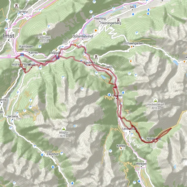 Karten-Miniaturansicht der Radinspiration "Gravel Tour zu den Erdpyramiden und dem Stuibenfall" in Tirol, Austria. Erstellt vom Tarmacs.app-Routenplaner für Radtouren