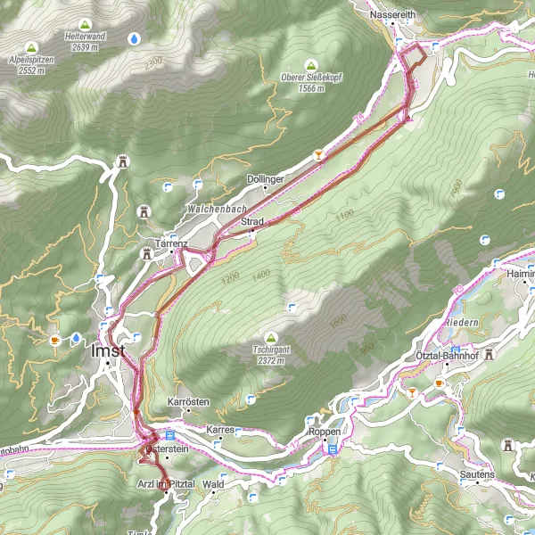 Miniature de la carte de l'inspiration cycliste "La Route des Plaines Gravel" dans la Tirol, Austria. Générée par le planificateur d'itinéraire cycliste Tarmacs.app