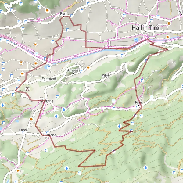 Miniatua del mapa de inspiración ciclista "Ruta de Hall a Rum" en Tirol, Austria. Generado por Tarmacs.app planificador de rutas ciclistas