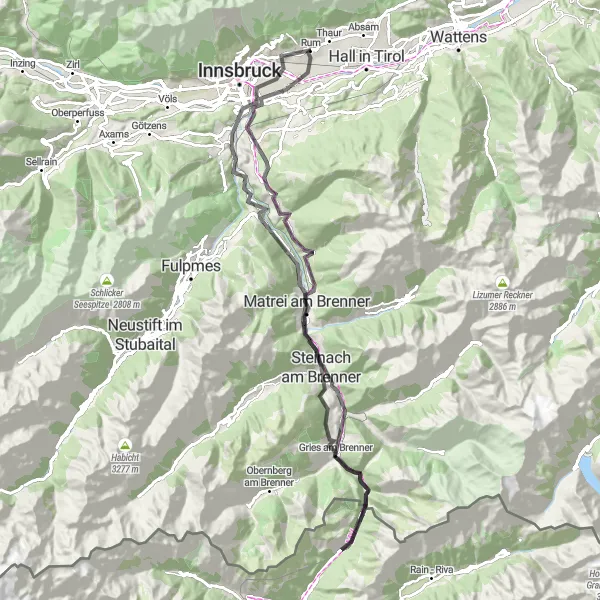 Miniatuurkaart van de fietsinspiratie "Uitdagende wegtocht door de Brennerpas" in Tirol, Austria. Gemaakt door de Tarmacs.app fietsrouteplanner