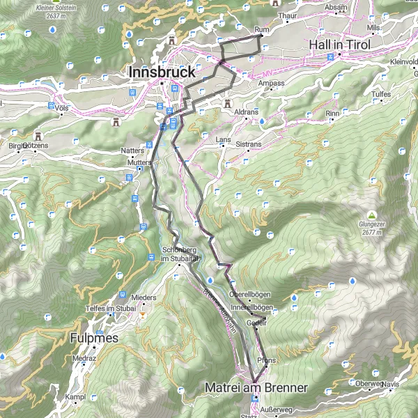 Miniatura della mappa di ispirazione al ciclismo "Dal Brennero alla città imperiale" nella regione di Tirol, Austria. Generata da Tarmacs.app, pianificatore di rotte ciclistiche